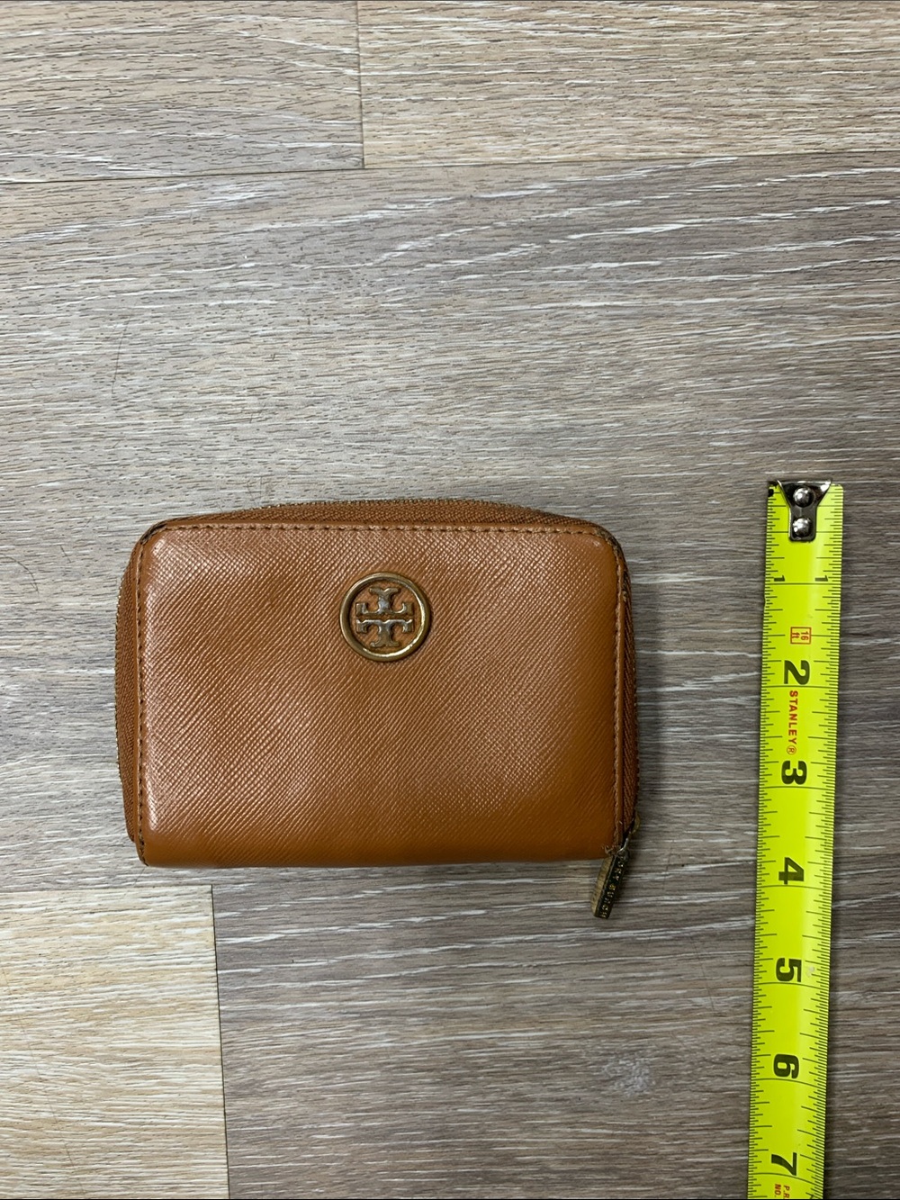 Tory Burch Cognac Leather Zip Card Holder with Logo
